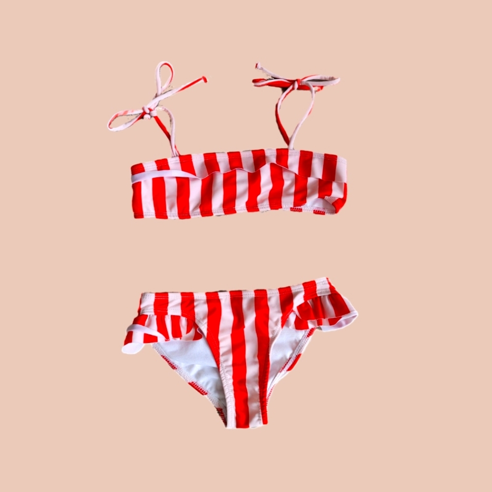 Girls' Hugo Loves Tiki Blush Pink + Red Striped Ruffle Bikini 6Y